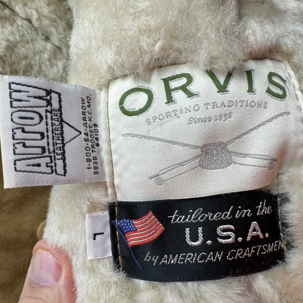 Orvis USA Leather Ranch Coat L Sherpa Lined Western Jacket Camel Mens - Picture 3 of 12